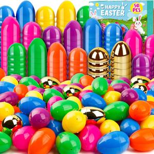 50 PCS 3 Inch Large Plastic Easter Eggs Bulk Include Surprise Golden Eggs, Colorful Fillable Empty Eggs for Easter Basket Stuffers Fillers Easter Hunt Filling Party Favors Classroom Prize Supplies