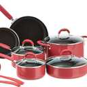 Amazon Basics Aluminum Non-Stick Cookware Set, Oven Safe, Dishwasher Safe, Stay-Cool Handles, 12-Piece, Red