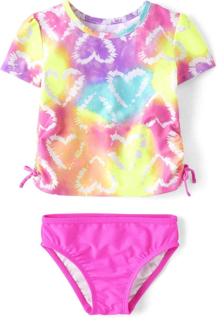 The Children's Place Girls' and Toddler Short Sleeve Rashguard Swimset (3T, Heart Tie Dye)