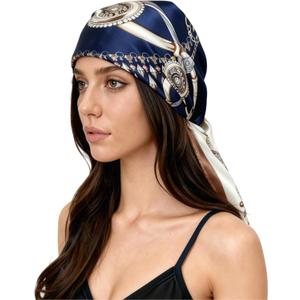 Head Scarf For Women Silk Like Hair Scarf Satin Printed Square Scarf Bandanas for Women 35 Inches (Beige/Black)