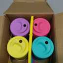Elk and Friends Kids + Toddler Glass Cups | The Original 12oz Glass Mason Jar with Sleeves + Lids | Silicone Straws + Stopper | Smoothie Cup | Food Storage | Spill Resistant | Dishwasher Safe | 4 Pack (Purple/Pink/Teal/Yellow)