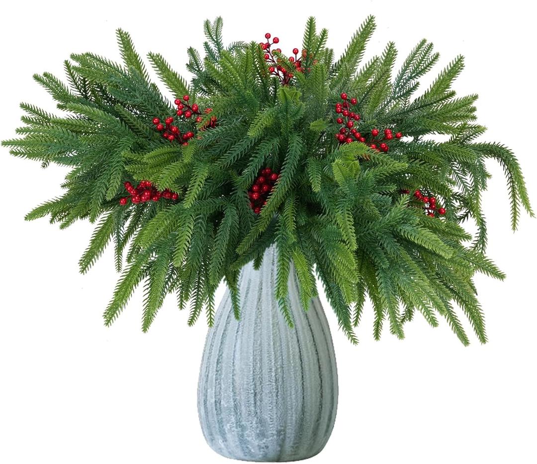 18Inches 16pcs Christmas Norfolk Pine Stems with Berry Set,Artificial Norfolk Branch 8pack, Faux Berry Stem 8pack,Fake stem Greenery Pine Picks for Indoor Home Vase DIY Outdoor Wreath Decoration