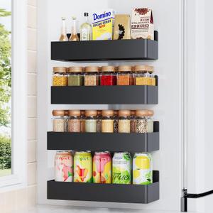 Magnetic Spice Rack for Refrigerator, Kitchen Organizer and Storage Shelf, Black (4 Pack)
