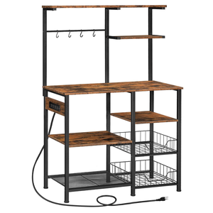 HOOBRO Large Bakers Rack with Power Outlets, 6-Tier Microwave Stand with 4 Hooks, Coffee Bar, Kitchen Shelf with Wire Basket, for Kitchen, Living Room, Office, Rustic Brown and Black BF64UHB01