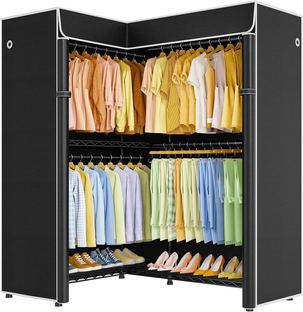 ULIFHOME E15C Garment Rack L Shaped Clothes Rack for CornerFreestanding Clothing Racks for Hanging ClothesHeavy Duty Closet Organizer 43.4"W x 15.8"D x 78.4"HBlack Rack with Black Dustproof Cover