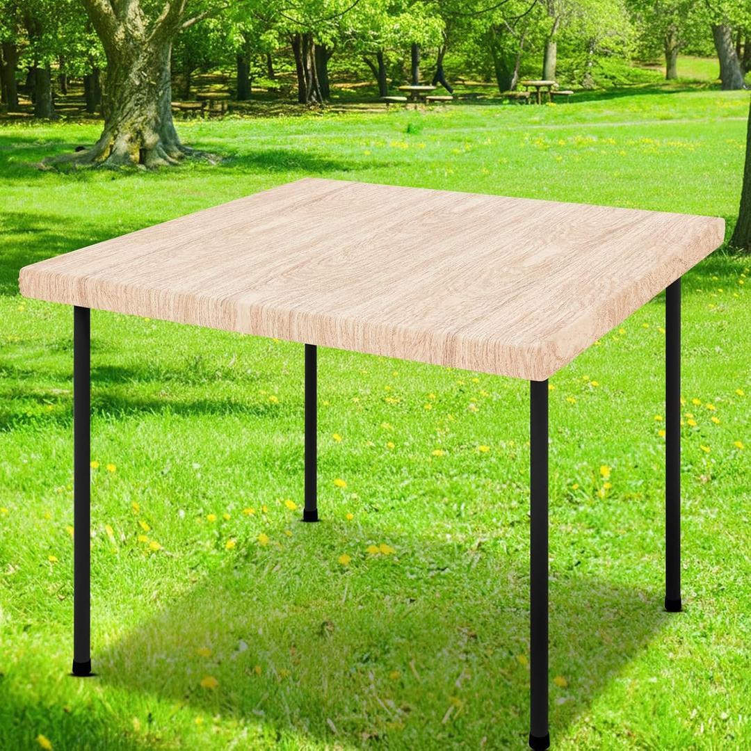 Smiry Square Table Cloth Cover, Waterproof Elastic Fitted Picnic Tablecloth, Wipeable Flannel Backed Vinyl Tablecloths for Camping, Dining, Outdoor (Beige Wood, 42" x 42")