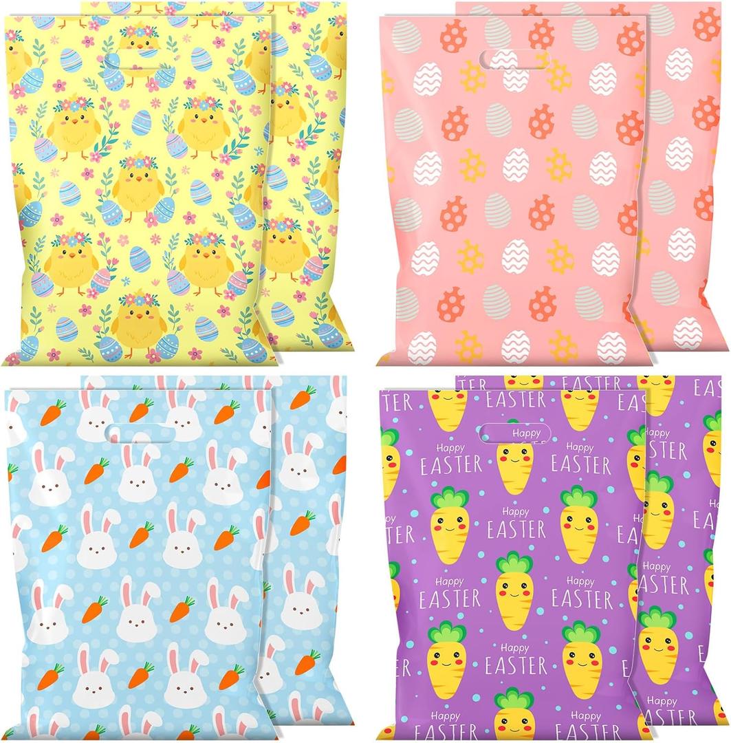 Eaasty 48 Pieces Large Plastic Easter Gift Bags Bulk 16 x 12 Inch Easter Treat Candy Goodie Bags with Eggs Rabbit Carrot Chicken Patterns for Holiday Party Favor Gift Giving