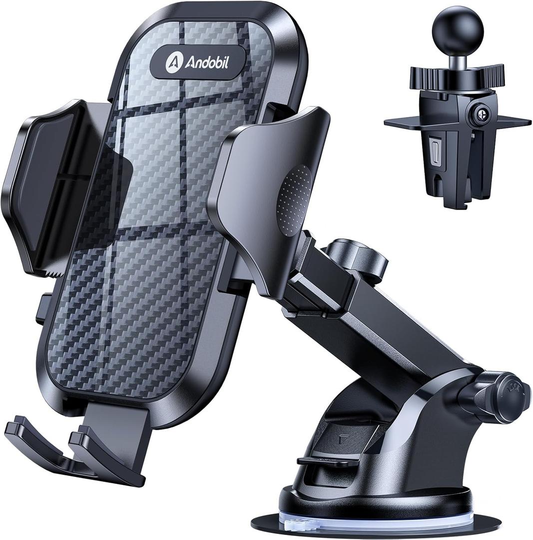 andobil Car Phone Holder, 2025 Military-Grade 85lbs Strongest Suction Phone Holders for Your Car Dashboard/Windshield/Vent Easy Clamp Cellphone Holder Truck Stand for iPhone 16 15 14 Pro Max Samsung (Black)