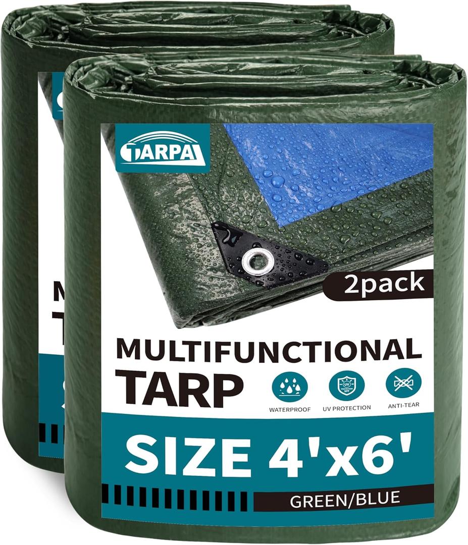 TARPAL 4x6 Feet Green Tarp Waterproof (2 Pack) Small tarps Multipurpose Protective Cover All Purpose Poly Tarps Cover for Firewood Outdoor Furniture etc
