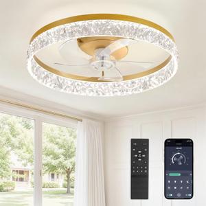 LEDIARY 22" Modern Ceiling Fans with Lights and Remote, Dimmable Low Profile Ceiling Fan, Flush Mount Fan, Stepless Color Temperature Change and 6 Speeds - Gold
