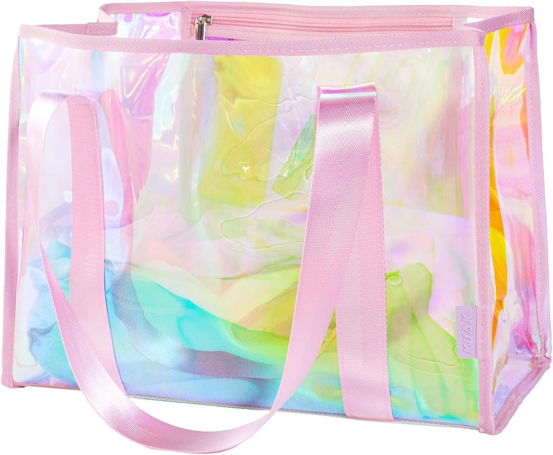 KUAK Iridescent Clear Beach Tote Bag for Women Girls Large Waterproof with Inner Zipper Pocket for Swim Pool Travel Vacation (Pink Straps)