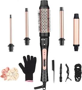5 in 1 Curling Wand Set, Curling Iron Set with Curling Brush and 4 Interchangeable Ceramic Barrel Curling Wand (0.35”-1.25”), Fast Heating, Heat Protective Glove & 2 Clips