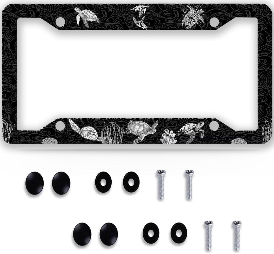Sea Turtle License Plate Frames & Covers -1 Piece Ocean Waves Coral Black Aluminum Metal Automotive Exterior Decorative Accessories for Front and Rear Car Tags with Screws 12.3" X 6.3" for Men Women