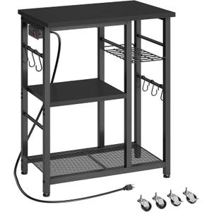 YATINEY Movable Bakers Rack, Microwave Stand with Charging Station, Kitchen Storage Rack with Hooks and Basket, Casters and Adjustable Feet, for Small Space, Kitchen, Dining Room, Black HB04UBB, 23.6"L x 15.7"W x 31.5"H