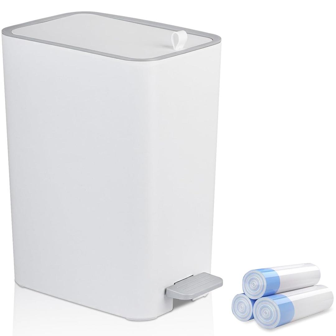 Rejomiik Small Bathroom Trash Can with Lid, 3.2 Gallon Step Garbage Can with Handle, Slim Mini Wastebasket Bin for Bedroom, Office, Dorm, White