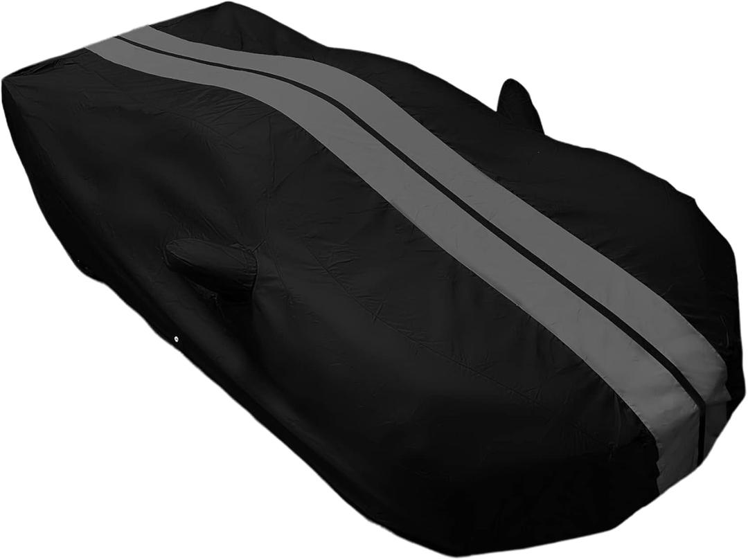C8 Corvette Indoor/Outdoor Car Cover - Custom Fit Ultraguard Plus Water Resistant 300 Denier UV & Rain Protection - High End for 2020-2025 Stingray, Z51, Z06, E-Ray Corvettes (Black with Gray Stripes)