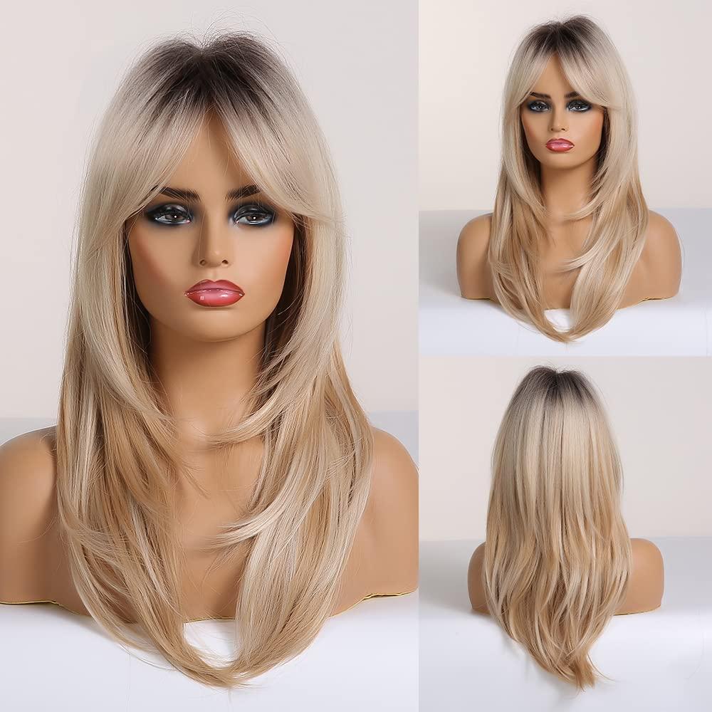 MAGQOO Blonde Wig for Women Blonde Layered Wig Dark Roots Long Blonde Wig with Bangs Two Tones Synthetic Heat Resistant (21 Inch)