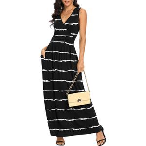 LILBETTER Women Sleeveless Deep V Neck Loose Plain Long Maxi Casual Dress(F Stripe Black, Medium)