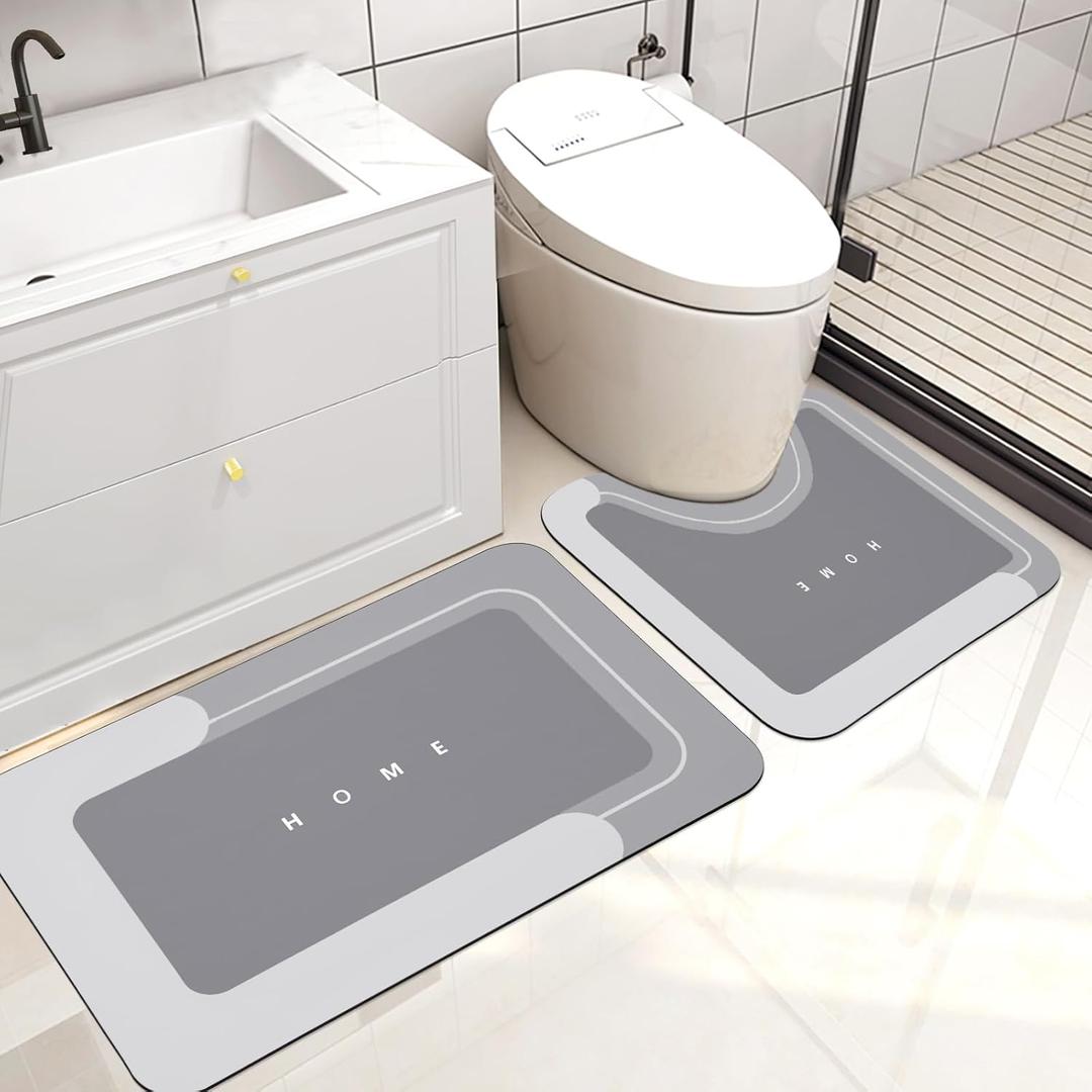 Housego 2PCS Absorbent Bath Mat Magic Rug Sets, Quick Drying Bath Mat Non-Slip Floor Rug Rubber Backed for Bathroom Kitchen Shower Sink, Water Absorbent (19.7''x23.6''+19.7''x31.9'', Light Gray)