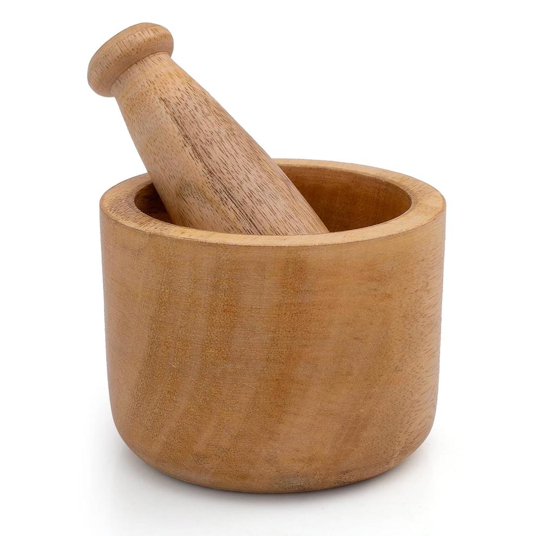 Handmade Indian Wooden Mortar and Pestle Set Natural Rustic Style Herb Spice Grinder Masala Mixer Manual Kharal Mashing Bowl Seasonings Pill Crusher Kitchen Utensils Housewarming Gift