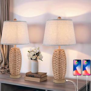 27" Rattan Table Lamps Set of 2, Touch Switch Nightstand Bedside Lamps with 2 USB Ports, Oatmeal Lampshade Wicker Lamp, Farmhouse Table Lamp for Living Room,Bedroom,Room Decor,End Table,Retro,Brown
