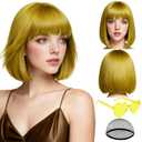 PLULON Gold Short Bob Wig with Bangs for Women, Colorful Neon Short Bob Synthetic Hair Wigs with Hair Cap Heart Sunglasses for Adults Girls Men Daily Bachelorette Halloween Costume Party Supplies