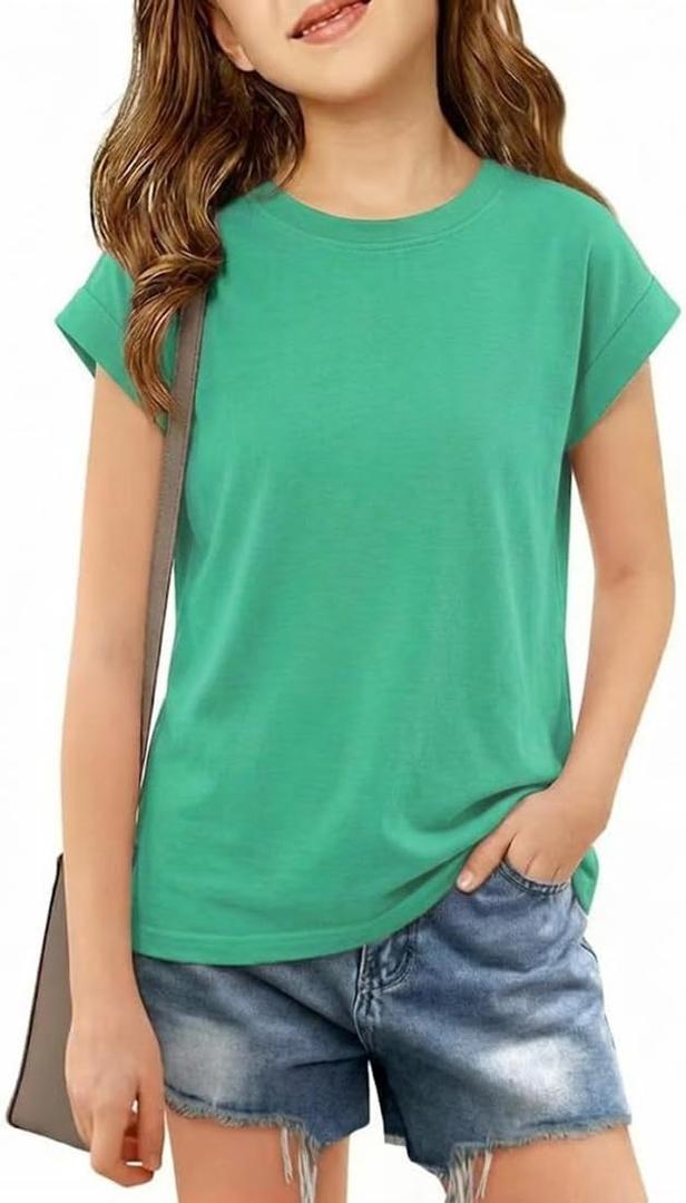 3 x Girls Cap Sleeve T Shirts Kids Summer Crewneck Solid Tops Tees 5-14 Years (Green)