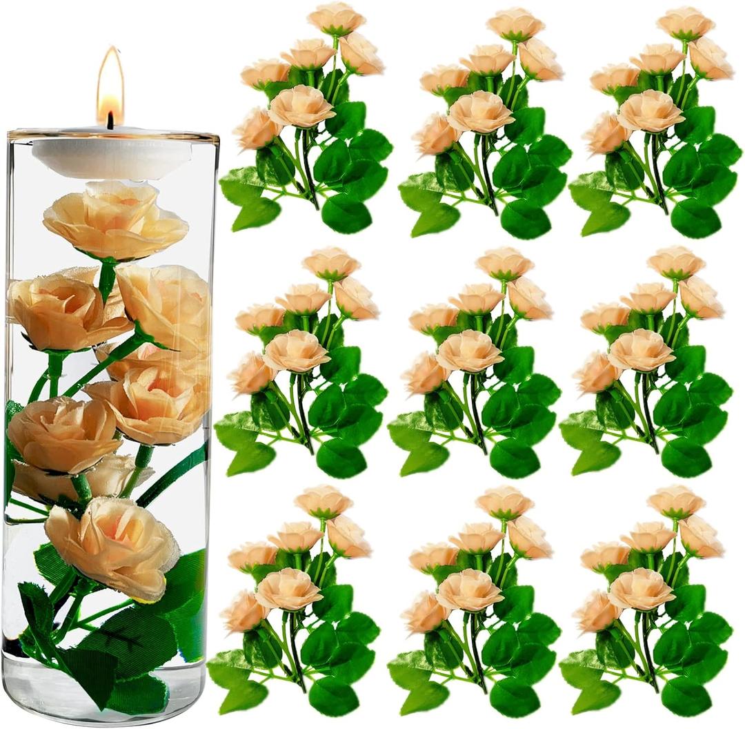 Fake Flowers for Floating Candles Centerpiece Artificial Rose Centerpieces Faux Flower Stem Vase Fillers for Wedding Dinning Table Party Home Decoration 9Pcs 6.8in, Orangish