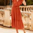 BTFBM Women Summer Bohemian Floral Casual Wrap V Neck Ruffle Cap Sleeveless Belt A-Line Pleated Hem Midi Sun Dress White (Orange, S)