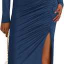 BTFBM Formal Dresses for Women 2026 Spring Long Sleeve Mock Neck Ruched Bodycon Slit Maxi Wedding Guest Dress Cocktail (Blue, XXL)