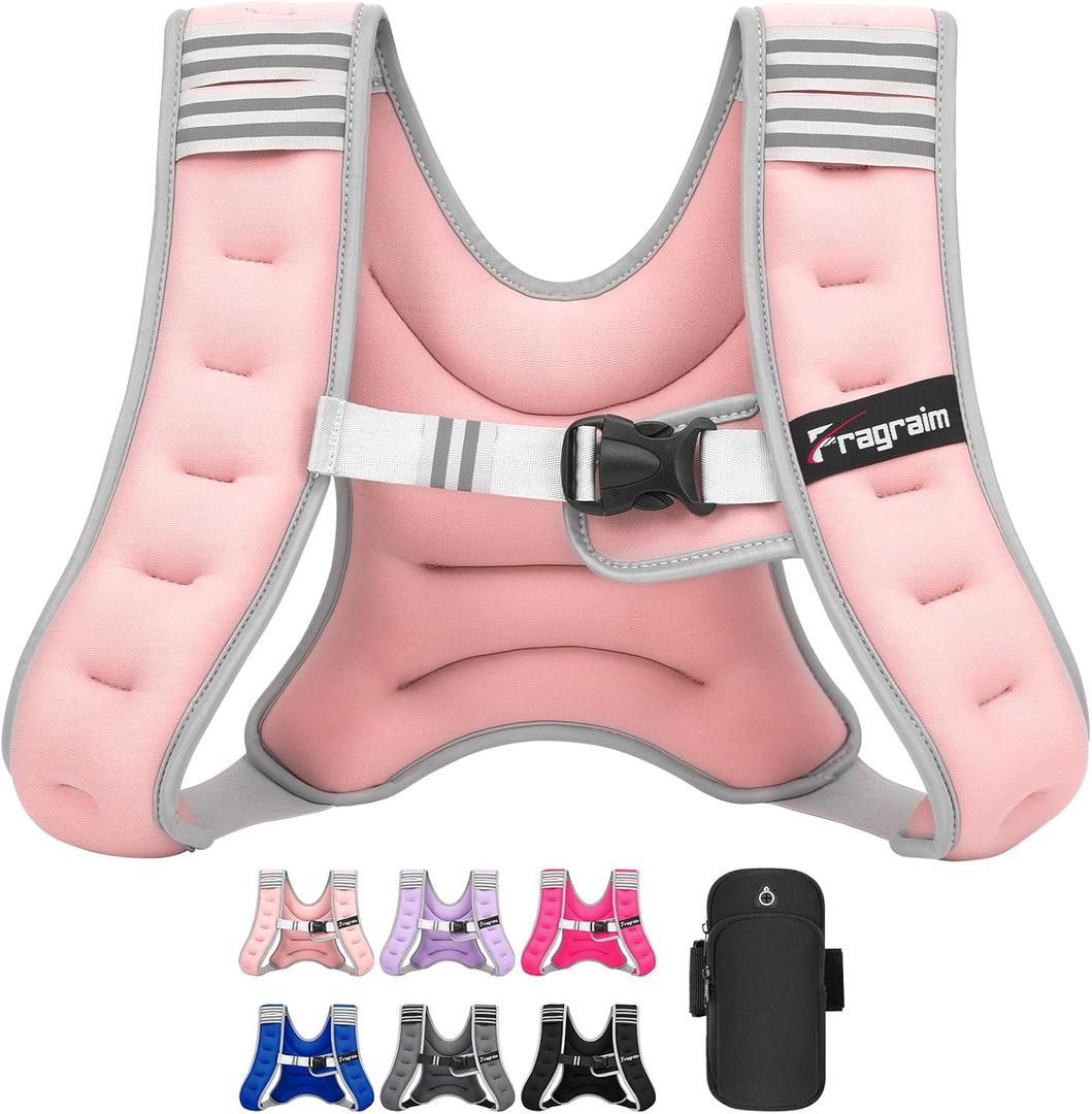 Fragraim Weighted Vest for Women Men - 8lb/10lb/12lb/16lb/22lb/25lb/30lb Weight Vest with Reflective Stripe, Detachable Phone Pouch, Ideal for Walking, Strength Training, Running, Workout, Cardio (Pink)