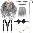 WILLBOND 8 Pcs Old Man Costume Kit Grandpa Costume Kit Old Man Wig Cane Glasses Faux Eyebrows Beard Suspenders Bow Tie for Cosplay(Dark Gray)