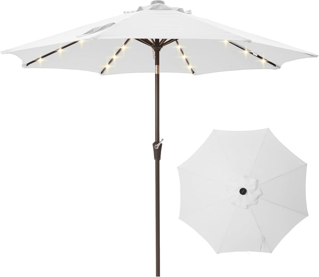 9FT Solar-Powered LED Patio Umbrella with Tilt Crank,Outdoor Market Umbrella with 32 Lights,Sunshade for Deck, Garden and Pool