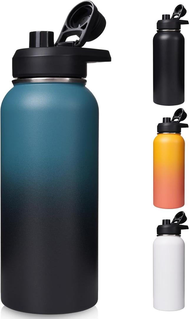 32 oz Insulated Water Bottle with Handle, 304 Stainless Steel Water Bottles with Wide Mouth, Double Wall Vacuum Sports Water Bottle, BPA Free, Keep Cold and Hot, Blue&Black