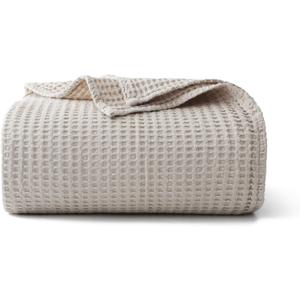100% Cotton Waffle Blanket (Khaki - Full Size - 84 * 90''), Pre-Washed and Anti-Shrinkage Soft Lightweight Bed & Couch Blanket, 380 GSM Waffle Weave Throw Blanket for All Seasons