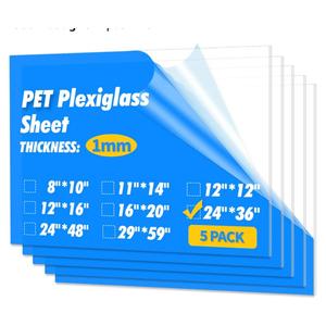 Art3d Plexiglass Sheets, Clear & Flexible, 5-Pack of 24 x 36"Transparent PET, 1/16 inch Thick, Plexiglass Cut to Size, Plastic Sheets for Craft, Picture Frames, Windows and DIY Displays