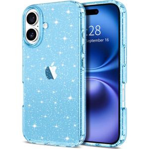 10 x Hython for iPhone 16 Case Glitter, Clear Glitter Sparkly Shiny Bling Sparkle Cute Cover, Anti-Scratch Soft TPU Thin Slim Fit Shockproof Protective Phone Cases for Women Girls, Blue Glitter