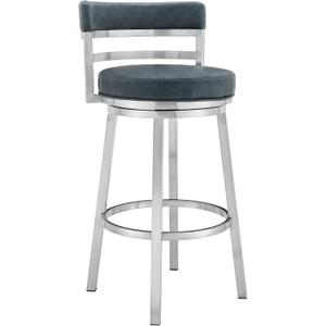 Armen Living Madrid 26" Seat Height Swivel Modern Blue Faux Leather and Brushed Stainless Steel Bar Stool for Kitchen Island Counter