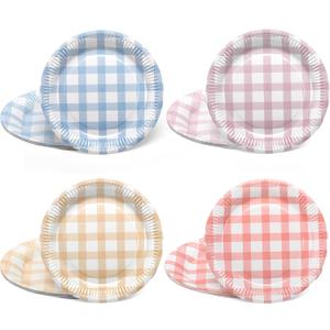 Tioncy 40 Pieces Gingham Cake Dessert Paper Plates 9 Inch Colorful Round Picnic Paper Plates Disposable Dinnerware Lunch Tableware for Picnic Wedding Birthdays Camping Party 4 Colors