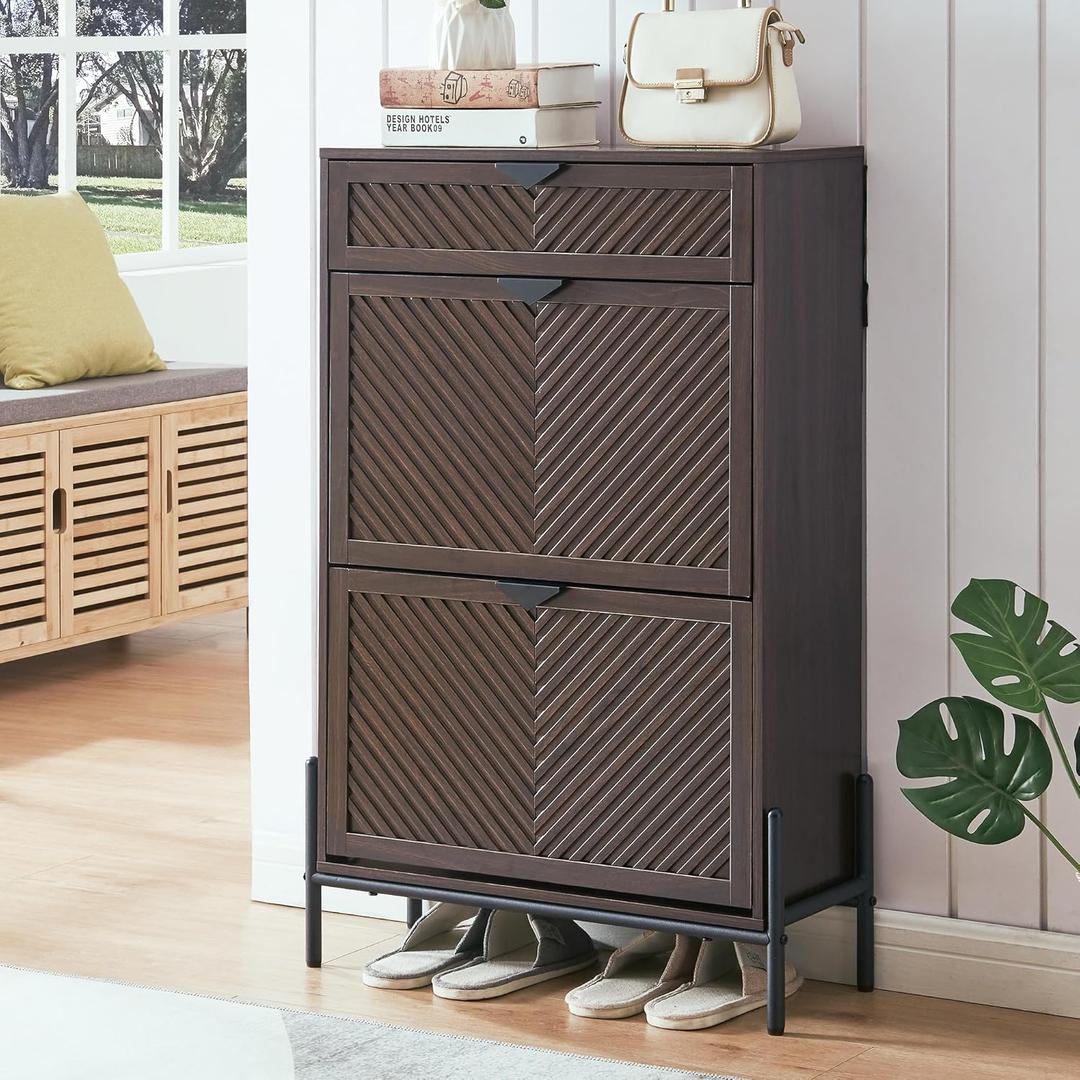 Shoe Cabinet Storage with 2 Flip Drawers, Narrow Hidden Shoes Organizer Cabinet for Entryway, Freestanding Slim Shoe Rack Front Door Entrance(Brown) (Medium)