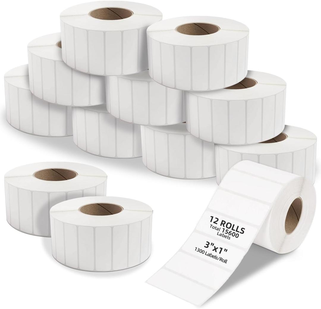 3" x 1" Direct Thermal Labels, 1300 Labels/Roll, Commercial Grade, Permanent Adhesive, Compatible with Most Thermal Printers(12 Rolls)
