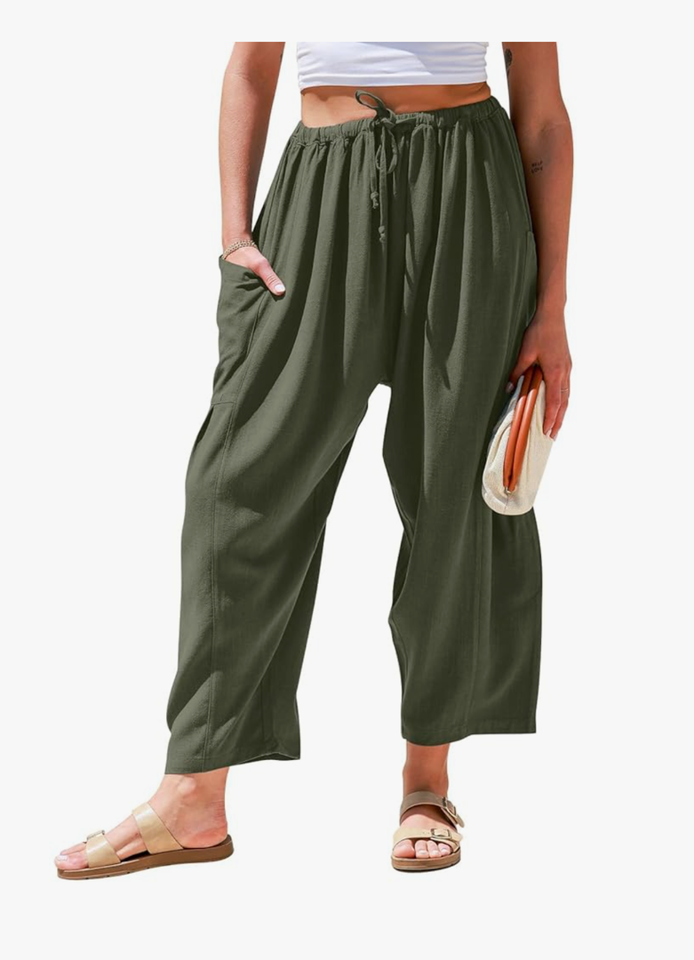 TARSE Womens Linen Wide Leg Pants Casual Loose Drawstring Summer Beach Travel Vacation Palazzo Harem Pants with Pockets, Size -XL