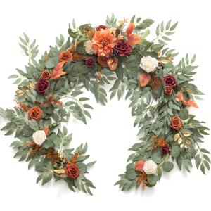 Ling's Moment Terracotta Flower Garland - 6FT Eucalyptus & Rose - Sweetheart Table Decor for Wedding Reception, Fall Artificial Floral Garland for Mantle, Christmas Decoration, Burnt Orange (Or-terracotta & Orange)