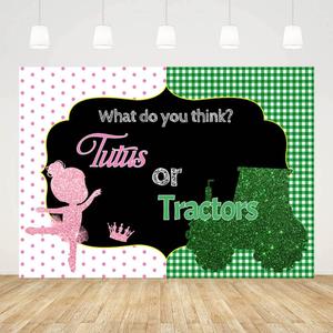 7x5ft Tutus or Tractors Gender Reveal Backdrop Pink and Green Photography Background Boy or Girl Gender Reveal Decorations Baby Gender Reveal Banner Photo Shoot Props