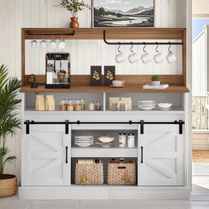 YITAHOME 52" Farmhouse Coffee Bar Cabinet with Storage, Buffet Cabinet with Goblet Holder, 5 Hooks, Power Outlets, Sideboard Cabinet with Sliding Barn Doors for Kitchen & Living Room (White)