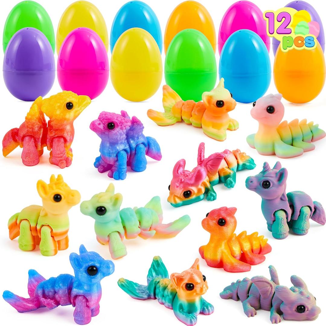 JOYIN 12 Pcs Prefilled Easter Eggs with 3D Printed Fantasy Animals, 3D Articulated Toys for Party Favors, Basket Stuffers, Goodie Bag Fillers, Classroom Prize Supplies, Easter Gift for Boys & Girls