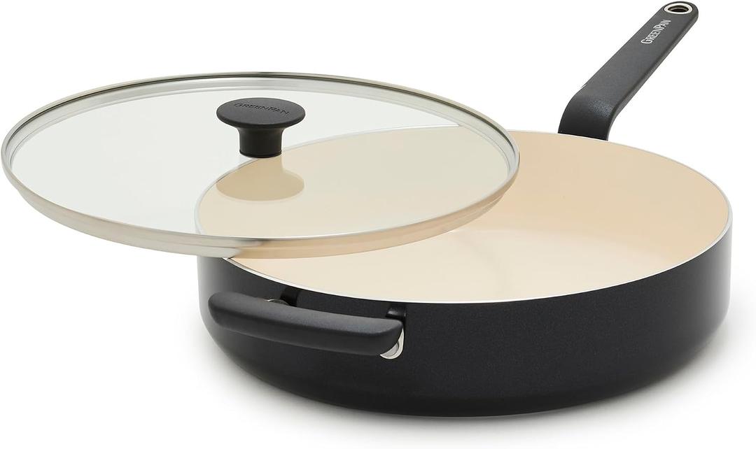 GreenPan Rio Advanced 5QT Sauté Pan With Tempered Glass Lid, 5QT Ceramic Nonstick pan with Helper Handle, PFAS-Free, Induction Ready, Dishwasher and Oven Safe, Black