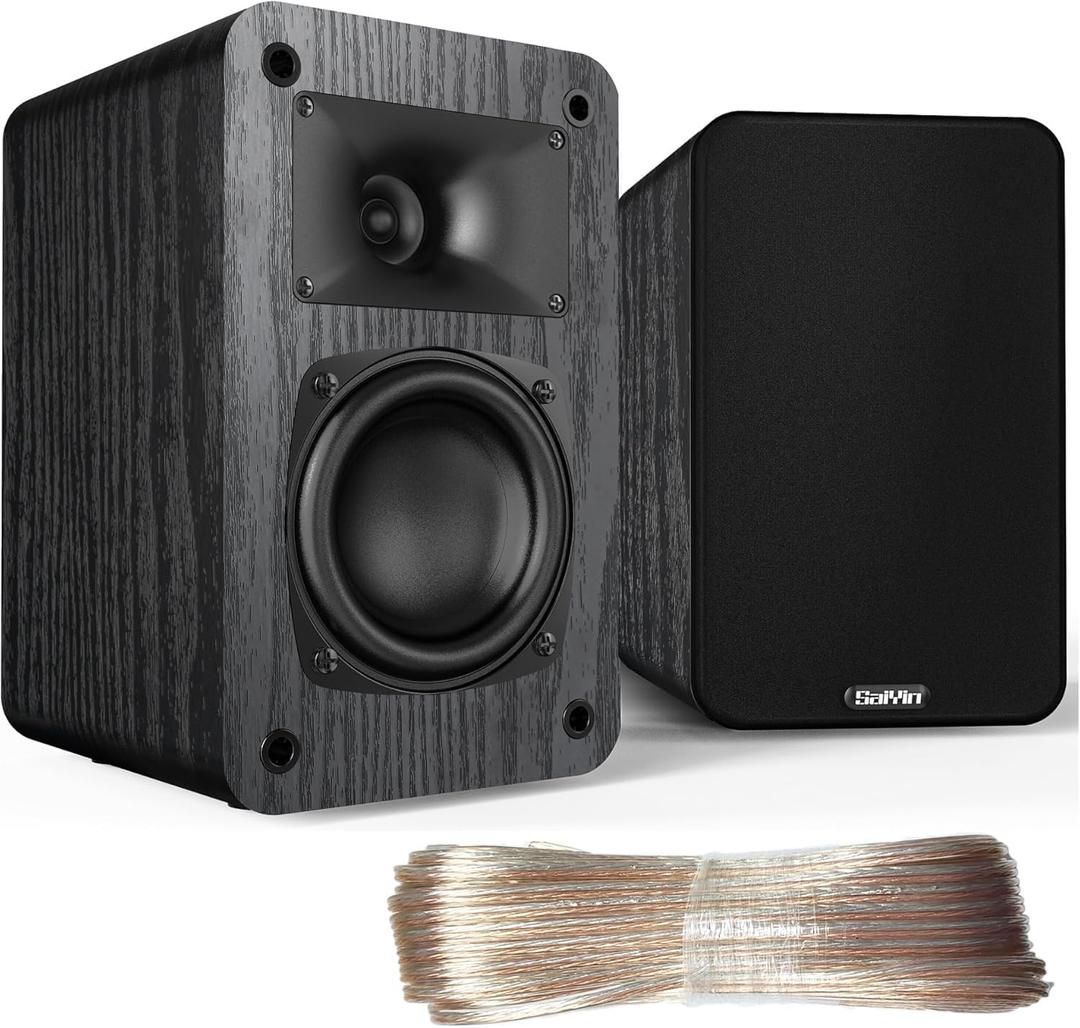 Saiyin Passive Bookshelf Speakers,4Ω, Needs Amplifier to Operate for Desktop Stereo or Home Theater Surround Sound,Wall Mountable,Include 20 Gauge Speaker Wire Cable(OFC)
