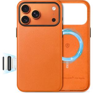 SHIELDON Genuine Leather Case for iPhone 17 Pro Max 6.9" 2025 | Compatible with Magsafe, Updated Camera Button, Magnetic Wireless Charging, Anti-Scratch, Shockproof, Protective Phone Cover - Orange