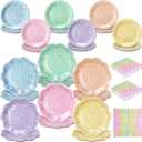 144 Pcs 48 Guests Pastel Glitter Party Plates and Napkins Pastel Scalloped Paper Plates Napkins Glitter Disposable Tableware for Birthday Bridal Baby Shower Wedding Decorations Party Supplies